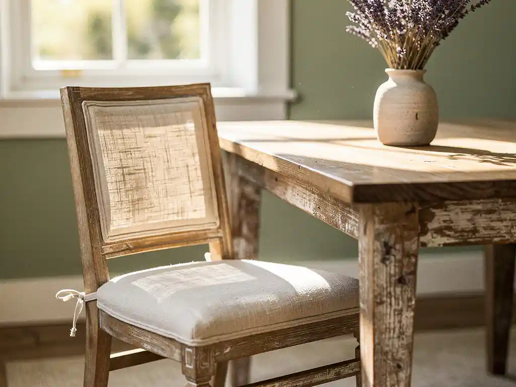 Rustieke eiken eetkamerstoel met linnen bekleding naast een verweerde houten tafel, gedroogde lavendel in stoneware vaas, zacht middaglicht.