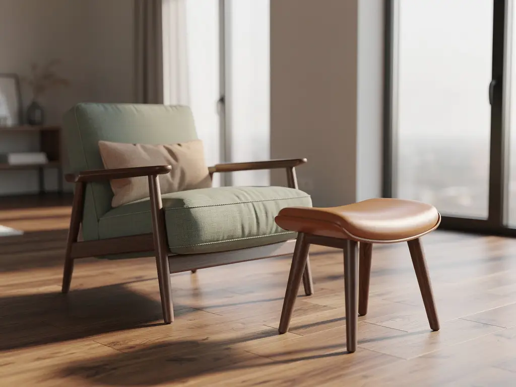 Modulaire loungestoel en ergonomische kruk op eiken vloer, natuurlijk linnen en leer in salie- en zandtinten, Scandinavisch interieur.