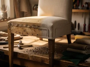 Eetkamerstoel half gestript tot houten frame, half opnieuw bekleed met warm linnen stof op werkbank, met stoffeerspijkers en staalkaarten erbij.