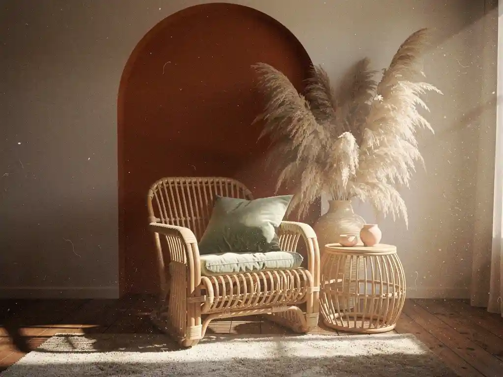 Vervaagde maximalistische woonkamer met terracotta boog, overmaatse pampasgras en rieten meubels in warm middaglicht.