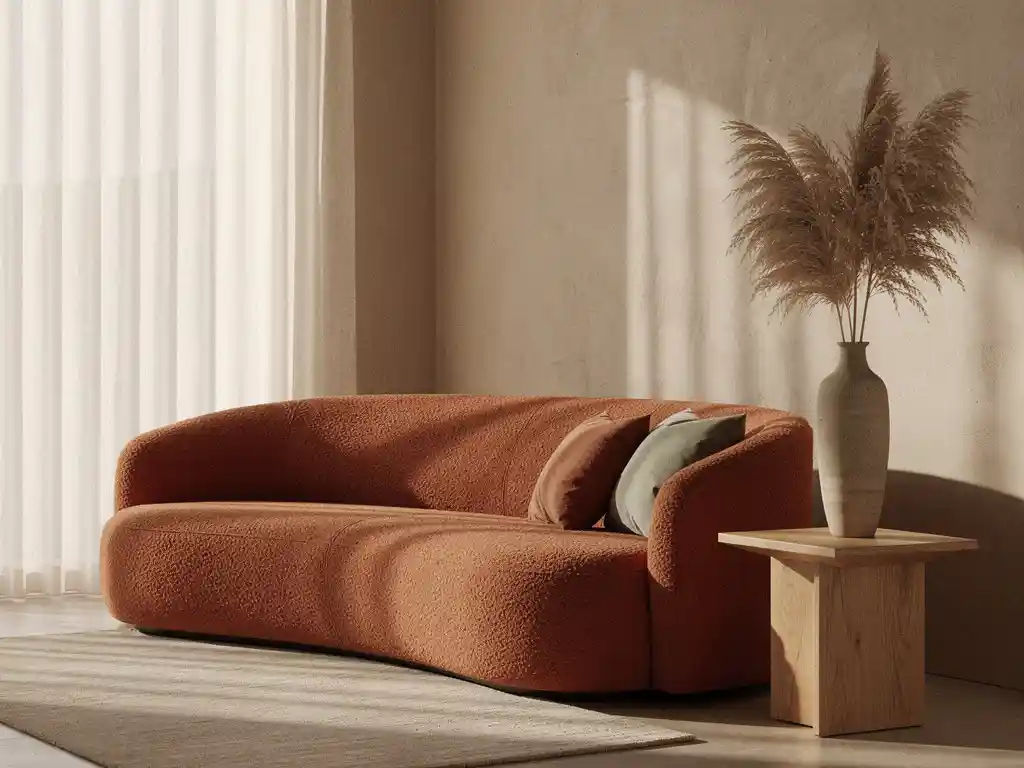 Gebogen terracotta bouclé bank in zonnige woonkamer met eikenhouten bijzettafel en droog pampasgras.