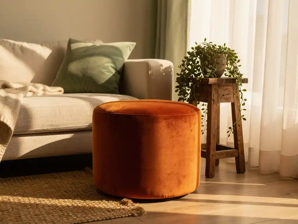 Terracotta fluwelen pouf naast een linnen bank in een zonnige woonkamer met eiken bijzettafel, hangende plant en natuurlijke jute en woltexturen.