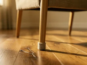 Stoelpoot met vilten vloerbeschermer op eiken parketvloer, met een kleine kras als contrast, in warm middaglicht.