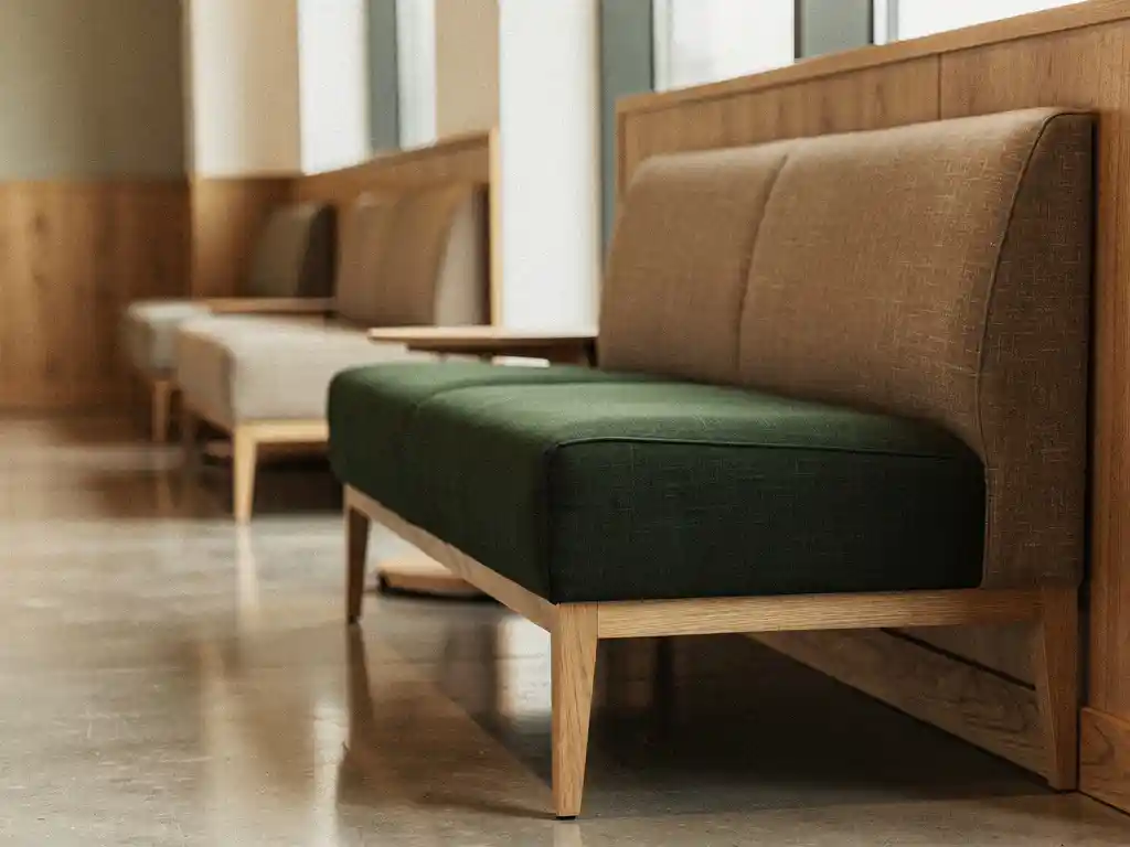 Elegante gestoffeerde bankjes in taupe en bosgroen in een receptieruimte met betonvloer en eiken accenten.