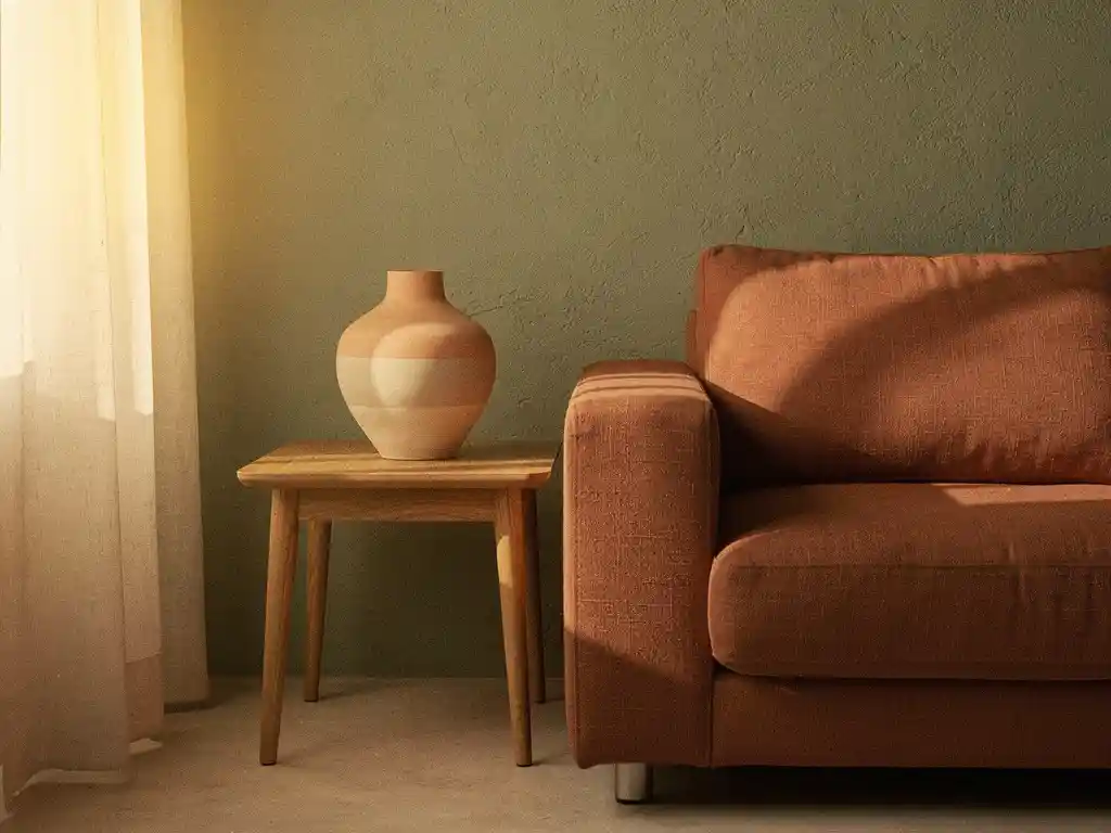 Terracotta linnen bank naast salie groene muur met keramische vaas op eiken bijzettafel in aardetinten interieur 2026.