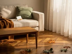 Linnen bank met eikenhouten salontafel in zonnige woonkamer, herfstbladeren op visgraatparket en prijskaartje op kussen.