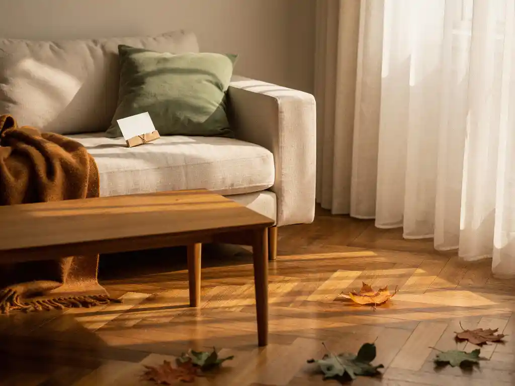 Linnen bank met eikenhouten salontafel in zonnige woonkamer, herfstbladeren op visgraatparket en prijskaartje op kussen.