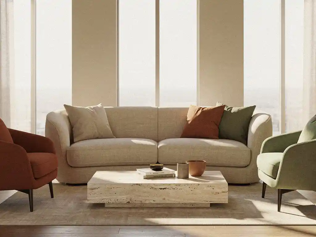 Gebogen linnen bank in warme zandtint als middelpunt van een woonkamer met terracotta fauteuils, travertine salontafel en zacht ochtendlicht.