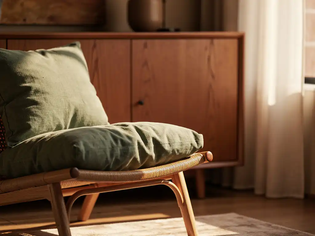 Terracotta eiken dressoir met salie groene linnen kussens en rotan fauteuil in warme woonkamer met natuurlijk middaglicht.