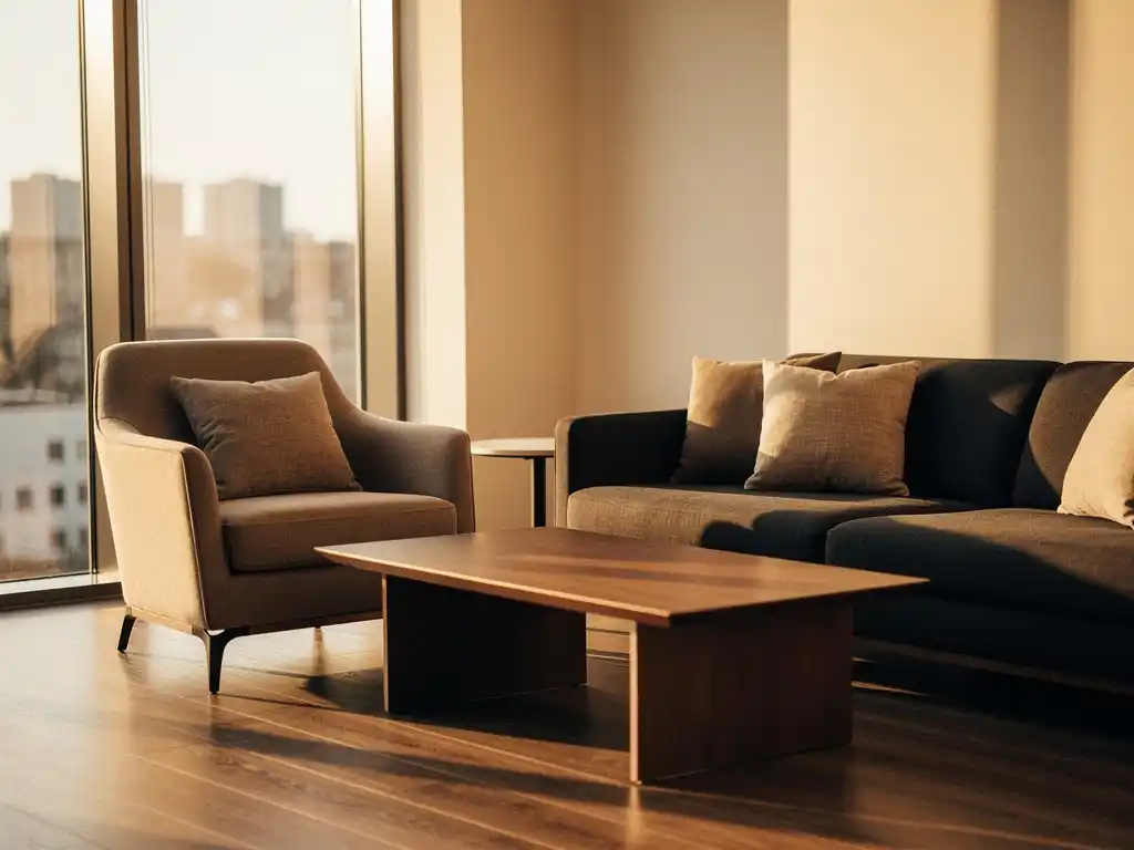 Zakelijke lounge met taupe fauteuil, antraciet sofa en eiken salontafel in warm middaglicht bij hoge ramen.