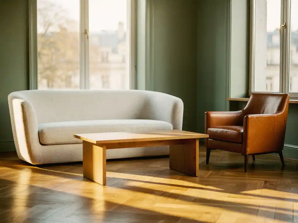 Zakelijke lounge met linnen sculptuurbank, cognackleurig leren fauteuil en lage eiken salontafel op visgraatparket in middaglicht.