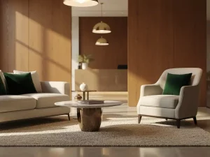 Stijlvolle bedrijfsreceptie met fluwelen sofa, sculptuurachtige salontafel en fauteuil op natuurlijk wollen vloerkleed in eiken- en lindentinten.