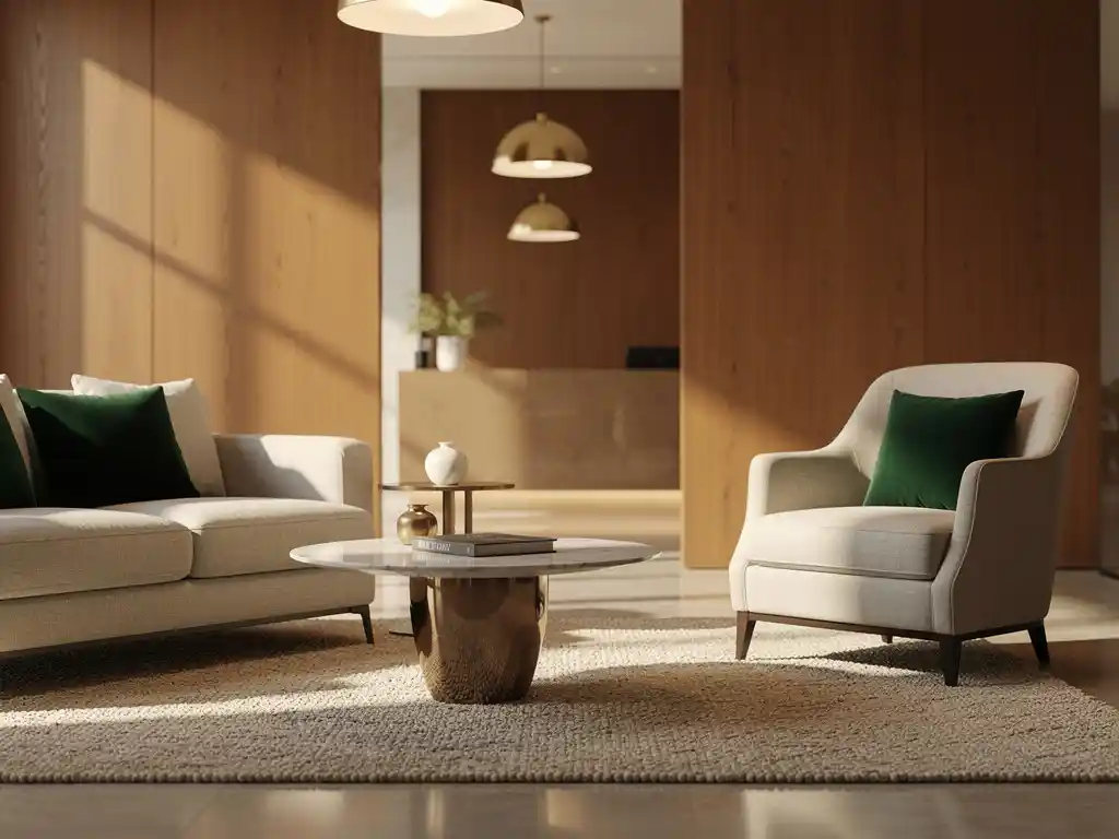 Stijlvolle bedrijfsreceptie met fluwelen sofa, sculptuurachtige salontafel en fauteuil op natuurlijk wollen vloerkleed in eiken- en lindentinten.