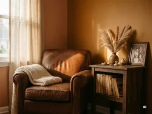 Versleten leren fauteuil met grove gebreide plaid, stapel boeken en droog pampasgras in keramische vaas in warme woonkamerhoek.