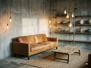 Industriële woonkamer met verweerde leren bank, stalen pijprekken met keramiek en sloophout salontafel op jutevloerkleed.