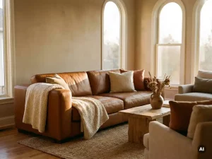 Cognac lederen bank met brede armleuningen en bouclé plaid in zonnige woonkamer met eikenhouten salontafel en terracotta tinten.