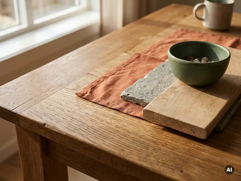 Eiken tafelblad met materiaalstalen van terracotta linnen, ruwe steen en geschuurd hout naast een saliegroen keramisch kommetje in middaglicht.