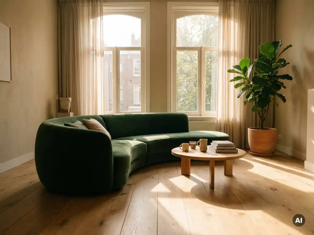 Elegante zandkleurige bank in lichte Nederlandse woonkamer met eiken vloer, groene kamerplant en houten salontafel in middaglicht.