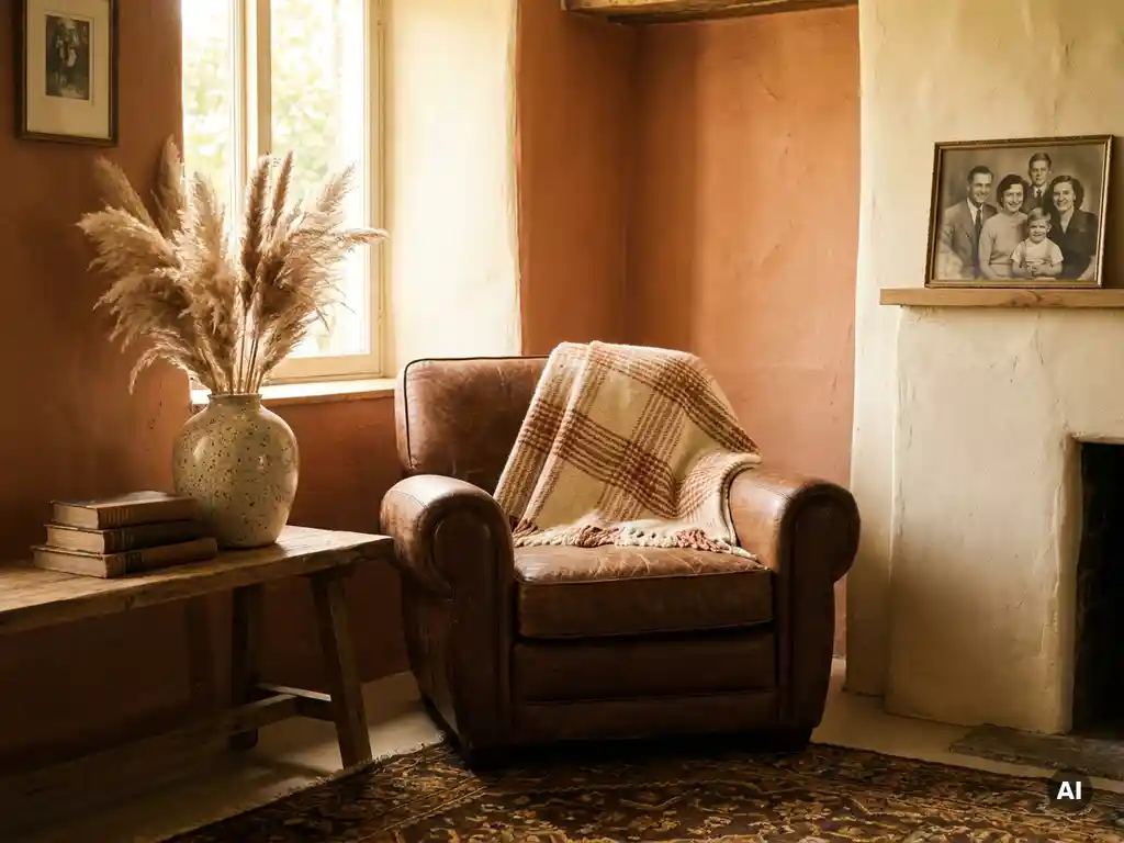 Versleten leren fauteuil met handgeweven plaid, stapel boeken en keramische vaas met pampasgras in warm terracotta woonkamer.