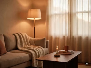 Gezellige woonkamerhoek met linnen bank, grof gebreide plaid, vloerlamp en kaars op houten salontafel in warme terracotta tinten.