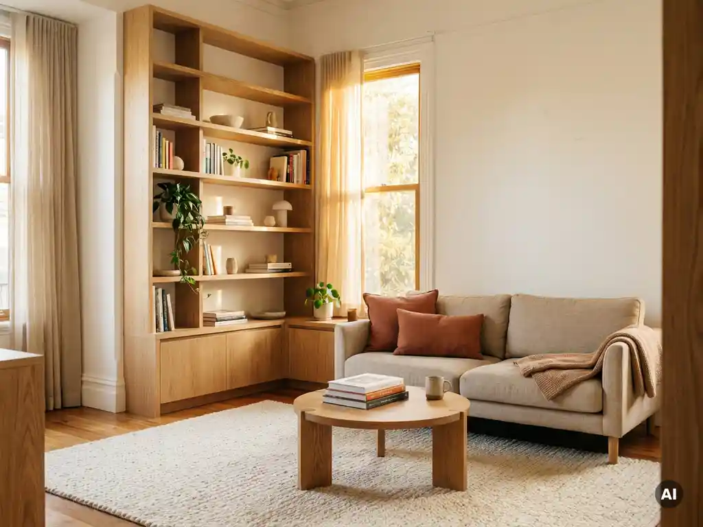 Houten boekenkast op maat in woonkamerhoek met linnen bank, eiken salontafel, terracotta kussens en crèmekleurig vloerkleed.