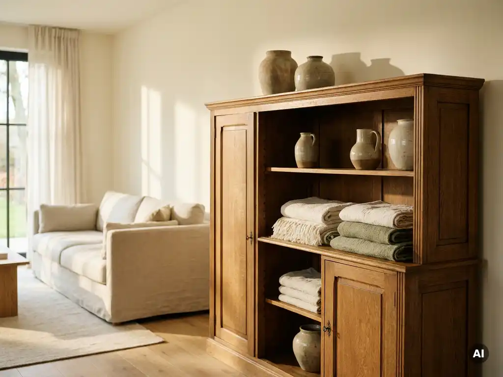 Grote houten kast in warme eikentint, gestyled met keramische vazen en linnen, in een lichte woonkamer met middagzon.