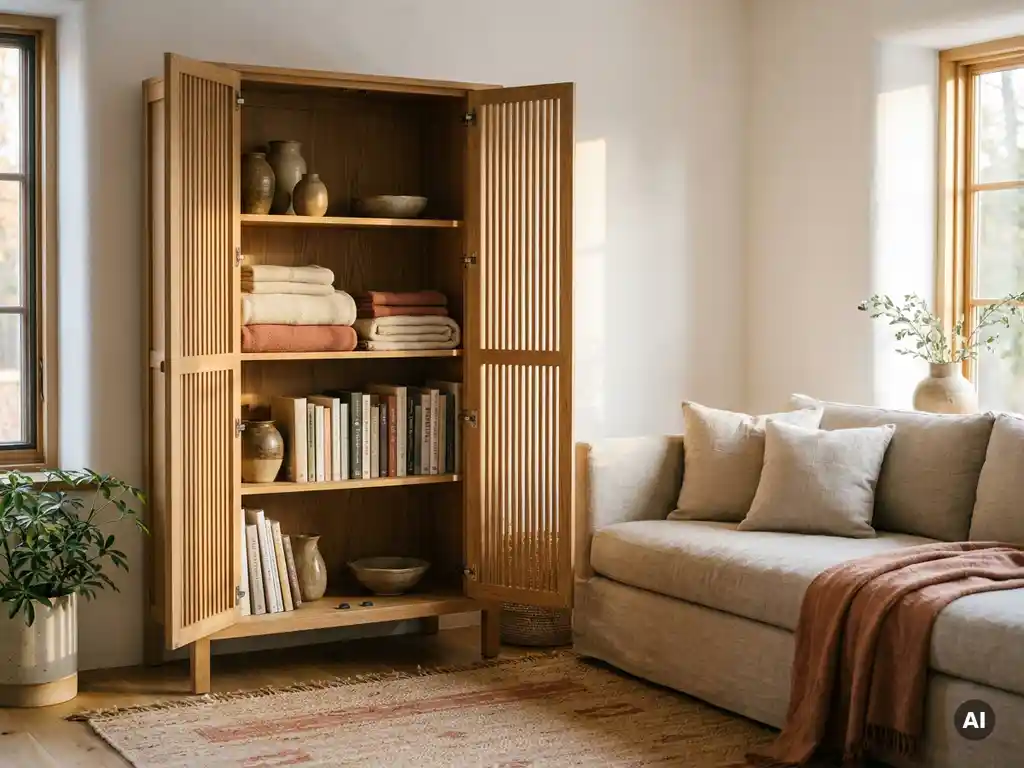 Houten vloerkast met open deuren vol gevouwen dekens, boeken en keramiek naast een linnen bank in warme eikenhouttinten.