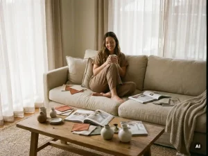 Vrouw zit gekruist op linnen bank met stoffenstalen, interieurmagazines en keramische decorsamples op eikenhouten salontafel.