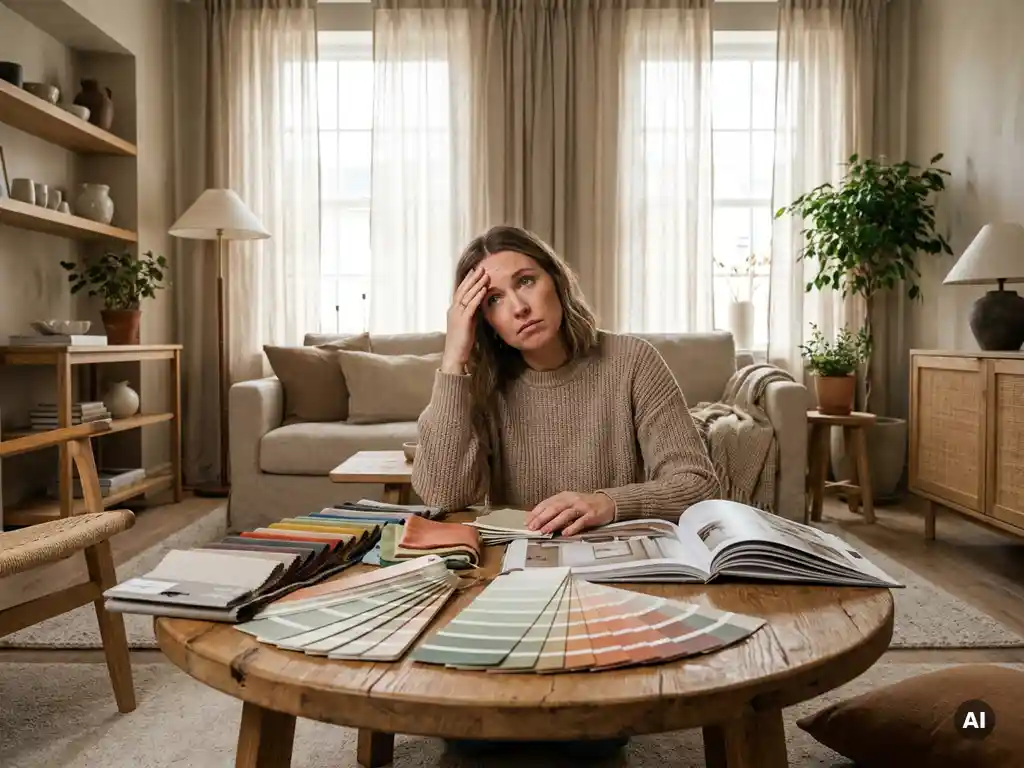 Vrouw omringd door stoffenstalen, verfmonsters en interieurcatalogi op een eikenhouten salontafel in een woonkamer showroom.