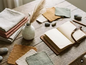 Interieurstemming flatlay met linnen en terracotta stoffen, keramisch vaasje, pampas en leren notitieboek op verweerd eikenhout.