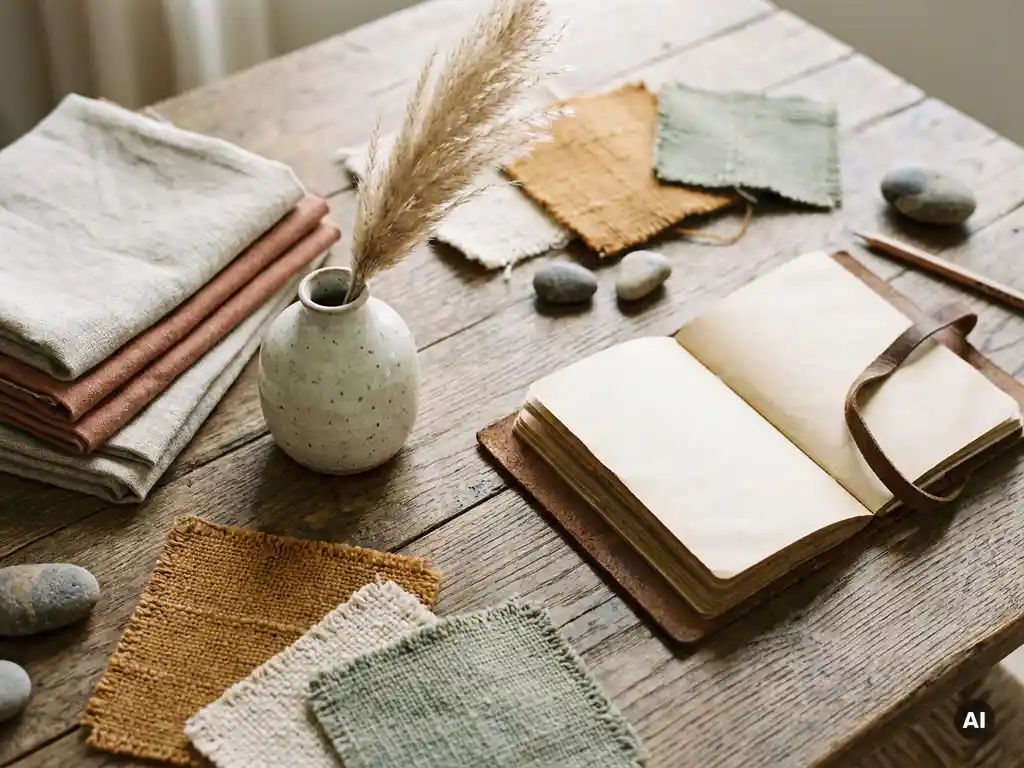 Interieurstemming flatlay met linnen en terracotta stoffen, keramisch vaasje, pampas en leren notitieboek op verweerd eikenhout.