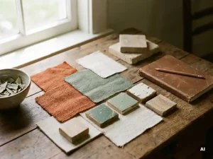 Moodboard met stoffen, verfstalen en materiaalmonsters in terracotta, saliegroen en linnen op verweerd eikenhout, met notitieboekje en potlood.