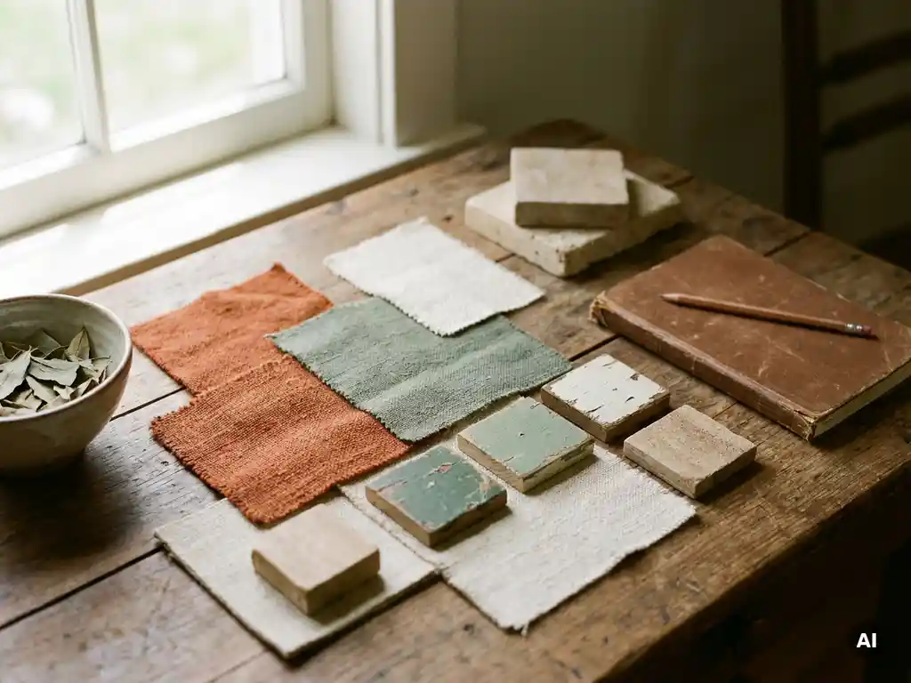 Moodboard met stoffen, verfstalen en materiaalmonsters in terracotta, saliegroen en linnen op verweerd eikenhout, met notitieboekje en potlood.