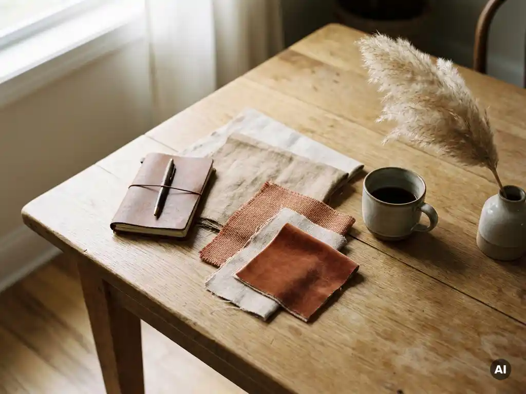 Flat lay van interieurontwerp stalen: linnen en terracotta stoffen, leren notitieboek, keramische koffiemok en gedroogde pampasgras op eikenhouten tafel.