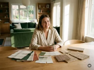 Vrouw aan interieuradviestafel met stofstalen, verfchips en materiaalmonsters in warme tinten zand, groen en eiken.