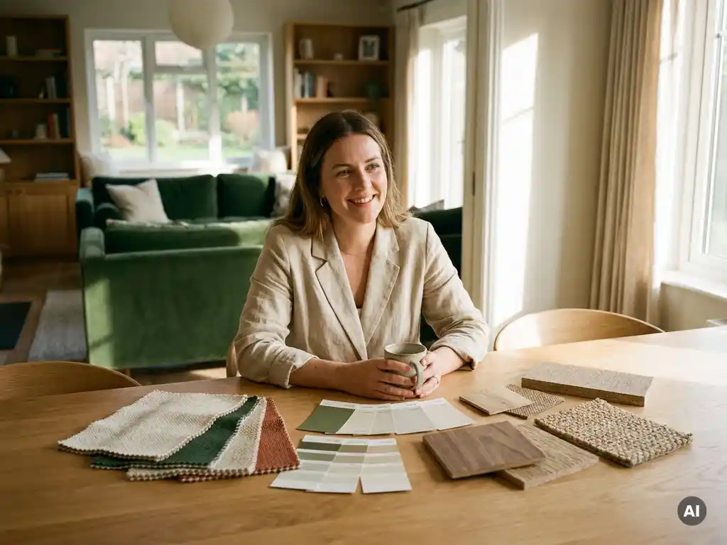 Vrouw aan interieuradviestafel met stofstalen, verfchips en materiaalmonsters in warme tinten zand, groen en eiken.