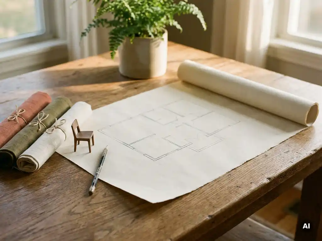 Blanco architectuurtekening op een eiken tafel met terracotta en saliegroen stoffentesters, een houten maquette en potlood, warm middaglicht.