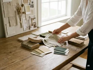 Interieuradviseur spreidt stofstalen, materiaalmonsters en verfchips uit op een brede eikenhouten tafel, met een moodboard en zacht natuurlijk daglicht.