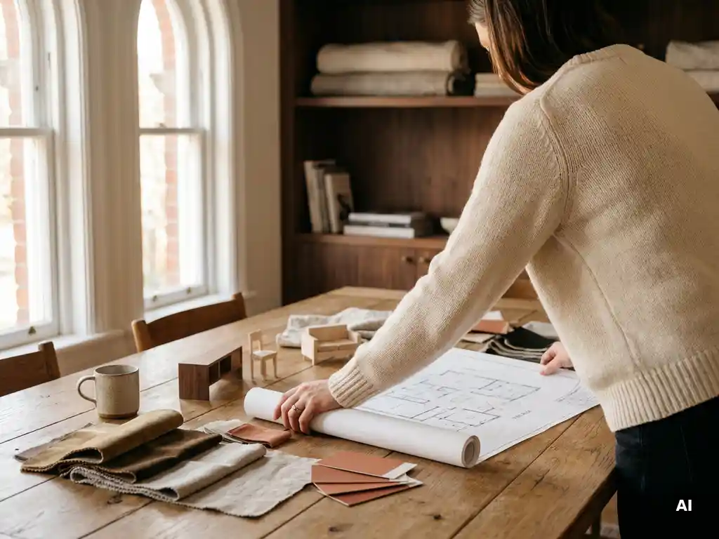 Interieurontwerper spreidt handgetekende plattegrond uit op eiken tafel met stoffen, verfstalen en meubelminiaturen in warm atelierlicht.