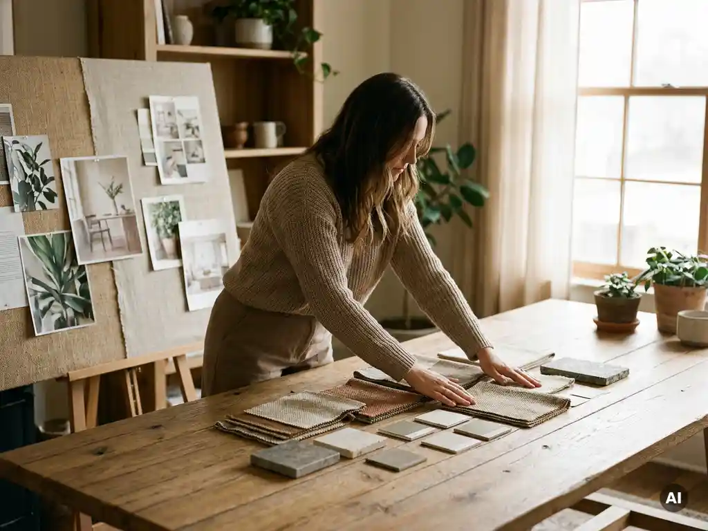 Interieurontwerper spreidt stoffen, verfstalen en materiaalmonsters uit op een brede eikenhouten tafel, met een moodboard op de achtergrond.