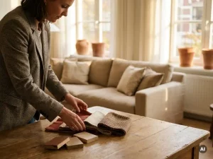 Interieurontwerper rangschikt stofstalen en verfmonsters op houten tafel in Nederlandse woonkamer showroom met terracotta en naturel tinten.