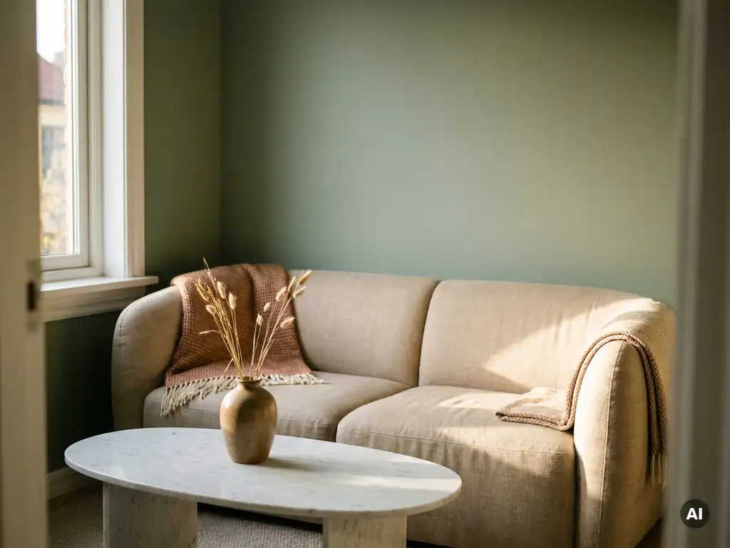Compacte ronde sofa in linnen en terracotta in kleine woonkamer met marmeren salontafel, keramische vaas en saliegroen muur.