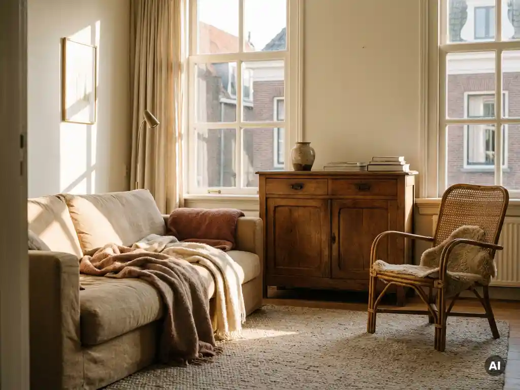 Linnen bank in zandtinten naast een verweerde eiken dressoir en rotan fauteuil in een zonnige Nederlandse woonkamer.