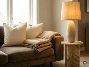 Luxueuze woonkamerhoek met fluweelbank in taupe, marmeren bijzettafel en keramieken vloerlamp met gouden gloed.