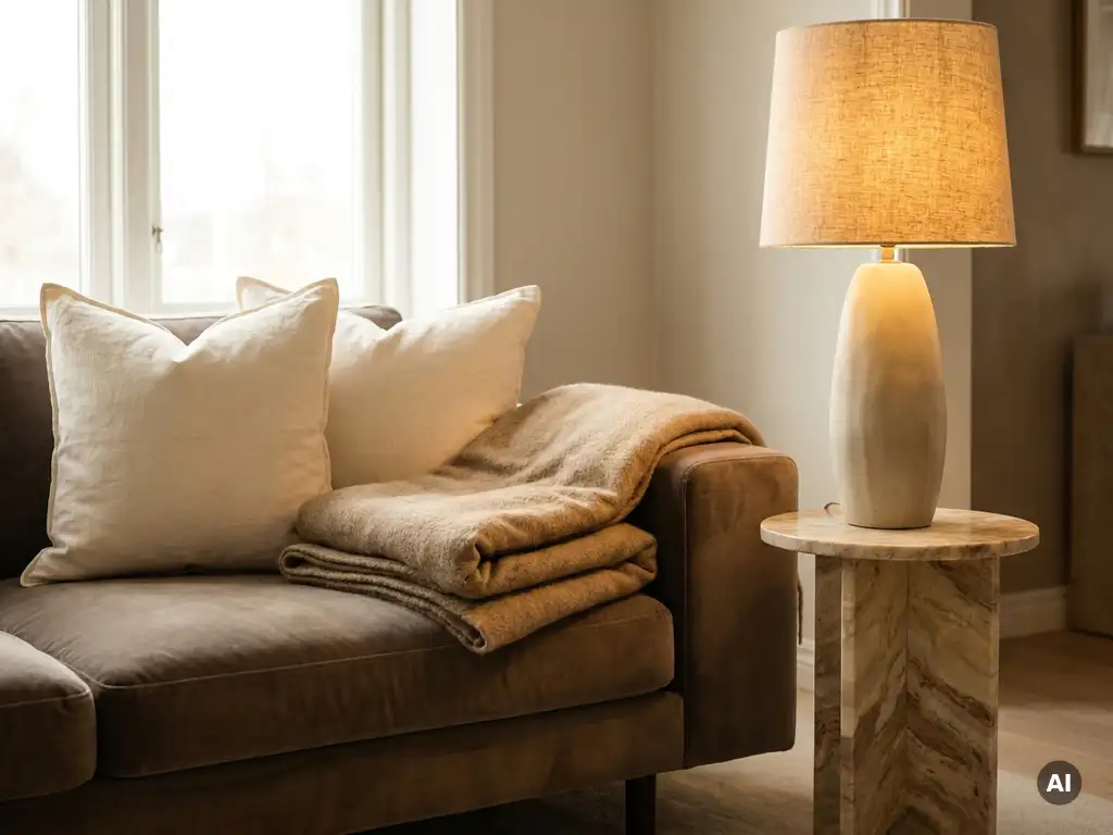 Luxueuze woonkamerhoek met fluweelbank in taupe, marmeren bijzettafel en keramieken vloerlamp met gouden gloed.