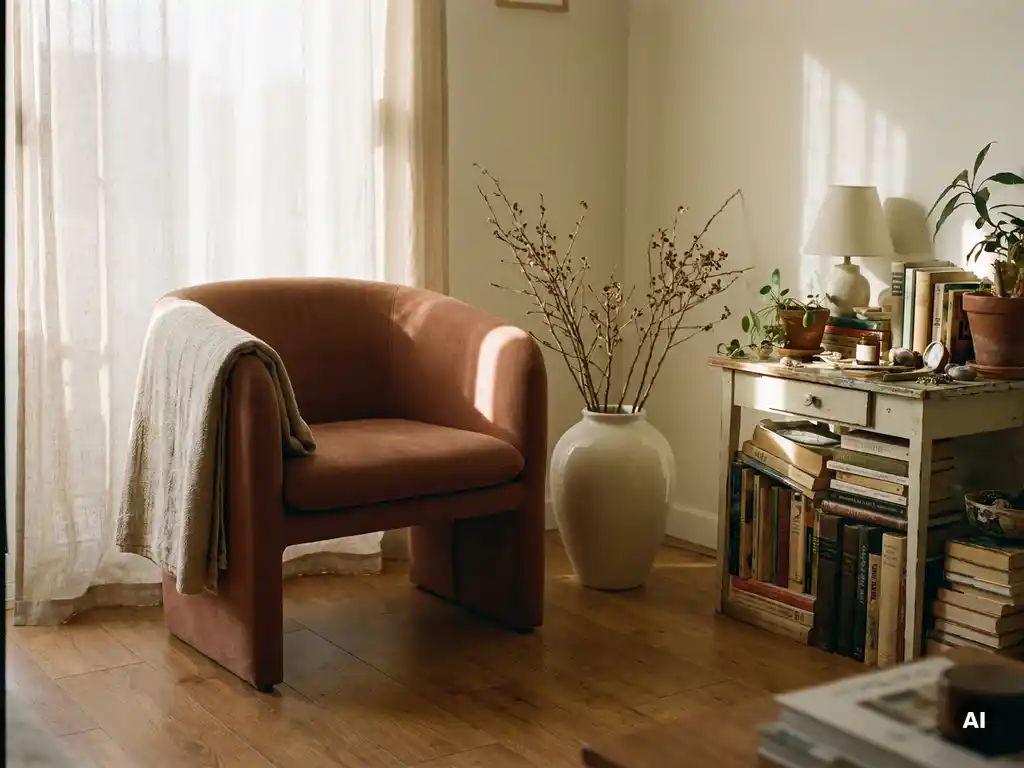 Minimalistische woonkamerhoek met sculptурale fauteuil, keramische vaas en linnen plaid op eiken vloer, naast een rommelig bijzettafeltje in warm middaglicht.