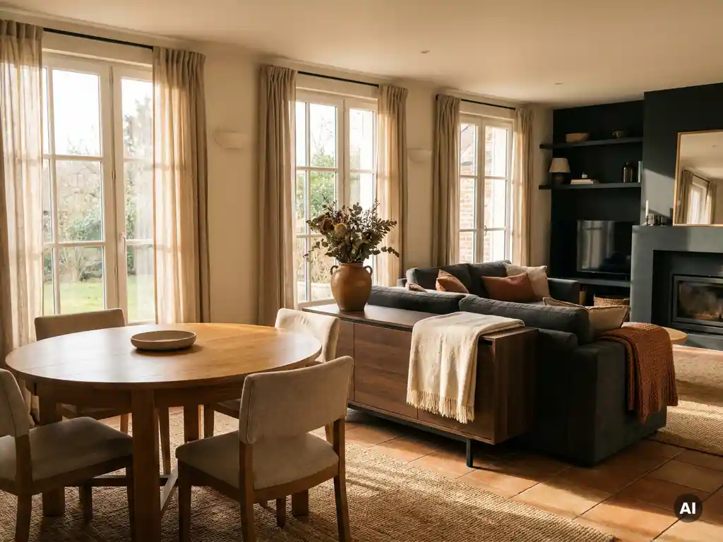 Open woonkamer met eiken eettafel, linnen stoelen en plafondhohe ramen die gouden middaglicht binnenlaten, terracotta en houtskool tinten.