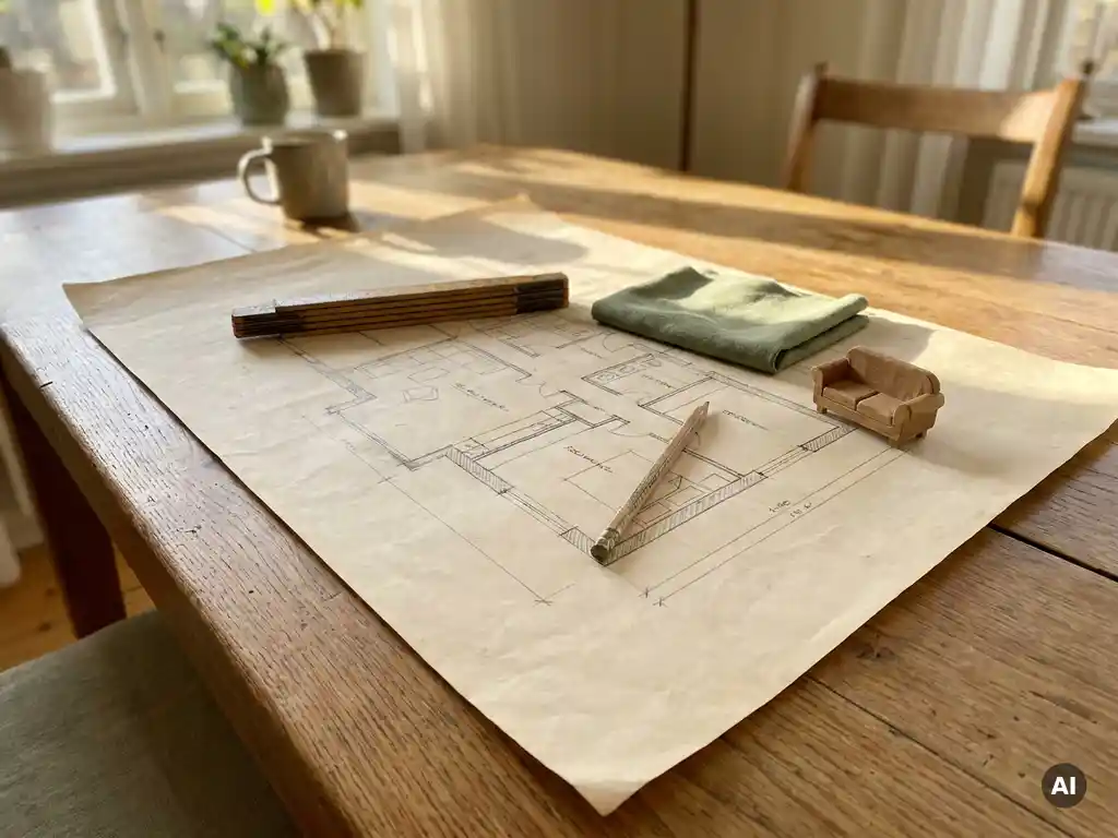 Handgetekende plattegrond op crèmepapier met houten liniaal, potlood, stofstaal en miniatuurbank in natuurlijk middaglicht.
