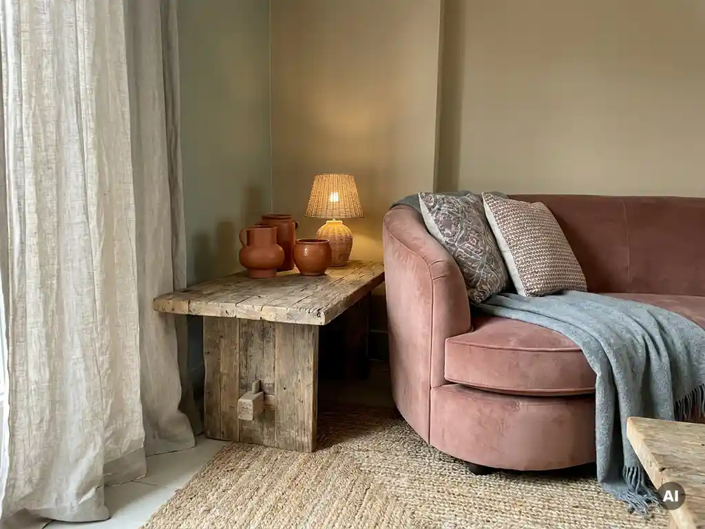 Reclaimed houten bijzettafel naast een stofroze fluwelen fauteuil met contrasterende terracotta en grijsblauwe accessoires in zonlicht.