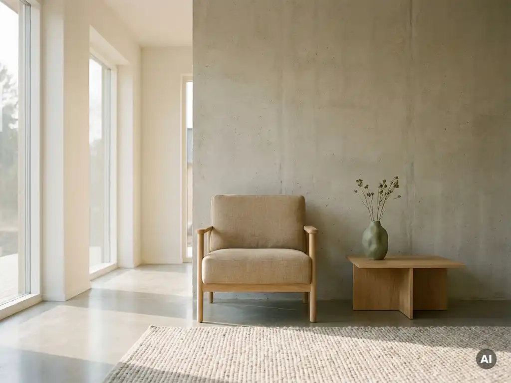 Scandinavische linnen fauteuil naast betonnen wand in lichte woonkamer met eikenhouten bijzettafel en keramische vaas.